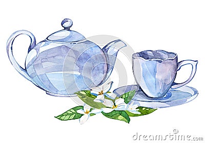 Collection of watercolor illustration on the theme tea. Cup and kettler Cartoon Illustration