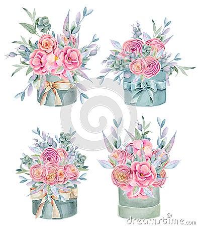 Collection of watercolor isolated gift boxes with pink beautiful roses, green leaves and branches Stock Photo