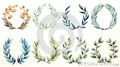 A collection of watercolor laurel wreaths against white backdrop Stock Photo