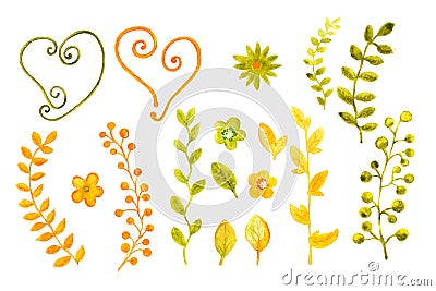 Collection of watercolors of flowers and leaves. For cover design, packaging, backgrounds Stock Photo