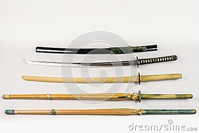 A collection of weapons for training, equipment for Japanese sport Iaido and Kendo. Stock Photo