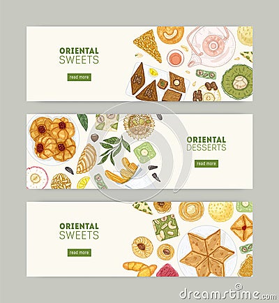 Collection of web banner templates with oriental sweets on plates and place for text. Traditional pastry food, delicious Vector Illustration