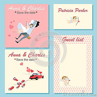 Collection of wedding invitation cards with a cute colorful illustrations Vector Illustration