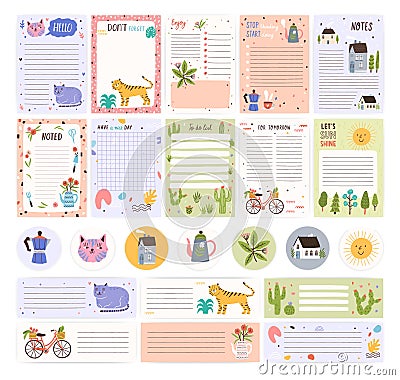 Collection of weekly or daily planner pages or stickers, sheet for notes and to do list templates decorated by cute Vector Illustration