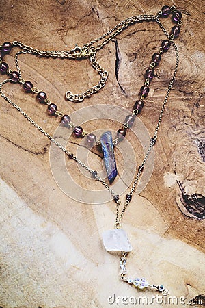 Collection; white; background; jewelry; necklace; beads; agate; boho; bohemian; pendant; stone; handmade; jewellery; jewel; three; Stock Photo