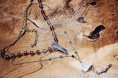 Collection; white; background; jewelry; necklace; beads; agate; boho; bohemian; pendant; stone; handmade; jewellery; jewel; three; Stock Photo