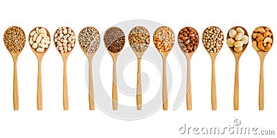 Collection of white light and dark brown cereal and grain seeds in spoon Stock Photo