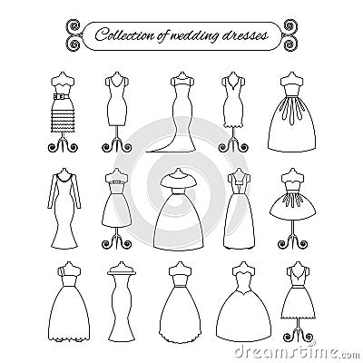 Collection of white thin line wedding dresses - stock vector illustration. Bride dress silhouette. Vector Illustration