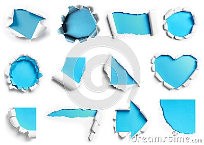 collection of white torn paper with blue background in many shape Stock Photo