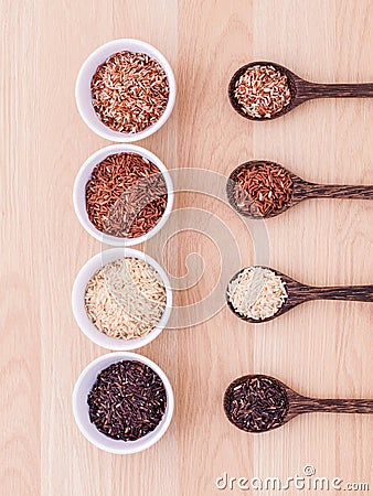 Collection of whole grain Thai jasmine rice. Stock Photo