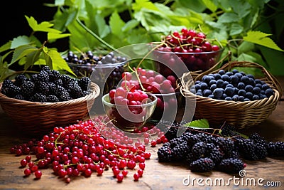 collection of wild berries on leafy backdrop Stock Photo