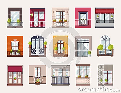 Collection of windows and balconies of modern and old-fashioned styles. Bundle of elegant building decorations Vector Illustration