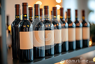 Collection of wine bottles with blank labels displayed on a shelf. Generative AI Stock Photo