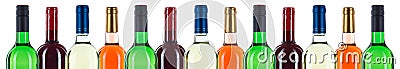 Collection of wine bottles bottleneck in a row red banner isolated on white Stock Photo