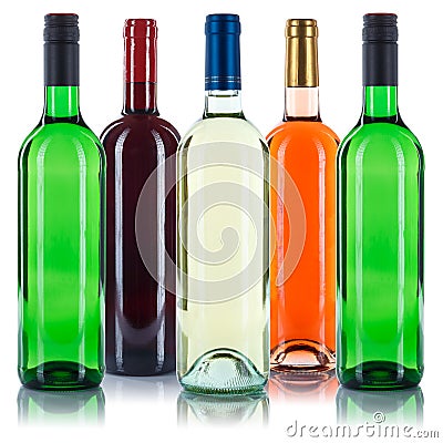 Collection of wine bottles colorful red white rose isolated on w Stock Photo