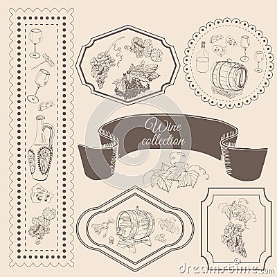 Collection of wine product elements in frame. Hand drawn sketch objects in vitage style. Vector Illustration