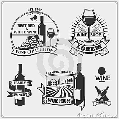 Collection of Wine shop vintage emblems, labels, badges and design elements. Vector Illustration