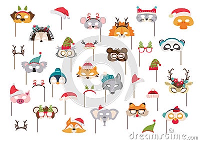 Collection of winter animal masks and Christmas photo booth props for kids. Cute cartoon masks and elements for a party Vector Illustration