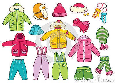 Collection of winter children's clothing Vector Illustration