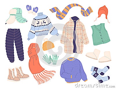 Collection of winter clothes and outerwear. Set warm winter clothing Vector Illustration