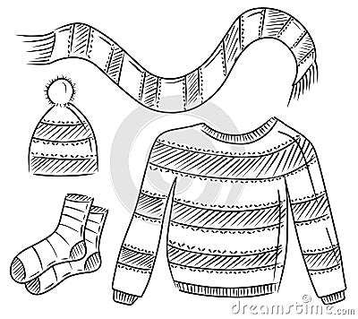 Collection of winter knitted unisex clothes: striped sweater, scarf, hat, socks in black isolated onwhite background. Hand drawn Vector Illustration