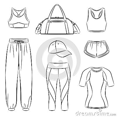 Collection of woman sportswear, casual modern clothing for active woman Stock Photo