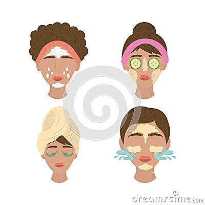 collection of women applying facial masks, care of skin routine Vector Illustration