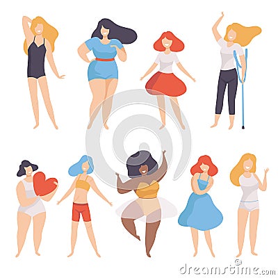 Collection of Women of Different Figure type and Height, Body Positive, Self Acceptance and Beauty Diversity Concept Vector Illustration