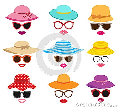 Collection of women`s summer hats Vector Illustration