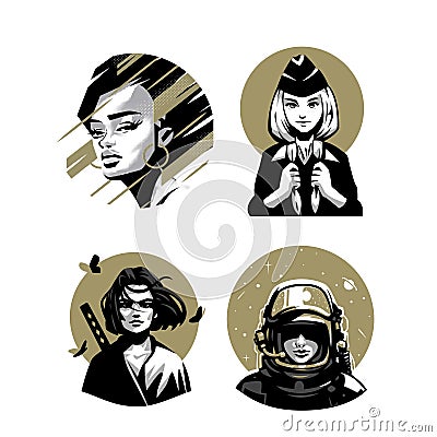 Collection of womens portraits. Woman in different forms. Vector illustration. Vector Illustration