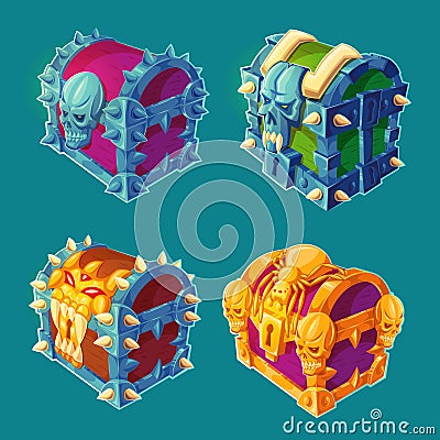 Collection of wooden chests locked and bound iron Vector Illustration