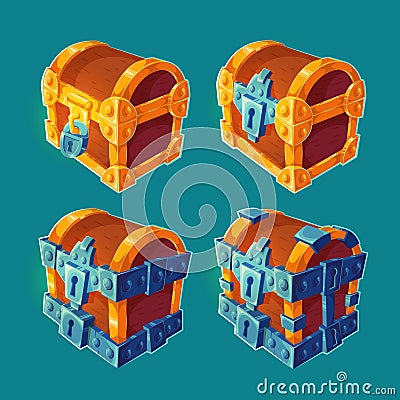 Collection of wooden chests locked and bound iron Vector Illustration