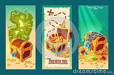 Collection of wooden chests with treasures on the background of a treasure map and on the seabed. Vector Illustration