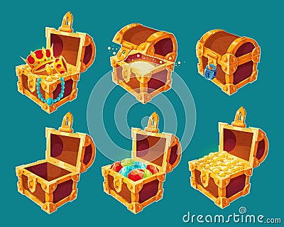 Collection of wooden chests with treasures of gold coins and jewels Vector Illustration