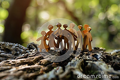 Collection of wooden figures assembled on top of a single tree trunk in a vertical arrangement, Harnessing individual skills for Stock Photo