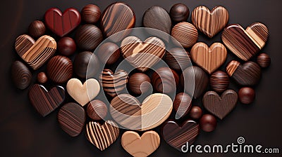 A collection of wooden hearts of various sizes and wood grains, arranged in an artful composition Stock Photo