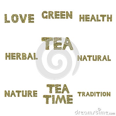 Collection of words spelled out in herbs and tea leaves Stock Photo