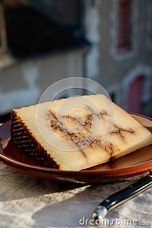 Collection of world cheeses, matured Spanish Sheep Cheese with Black Garlic Stock Photo