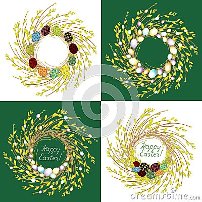 Collection.The wreath of young willow branches. The composition is decorated with beautiful Easter eggs. Symbol of spring and Cartoon Illustration