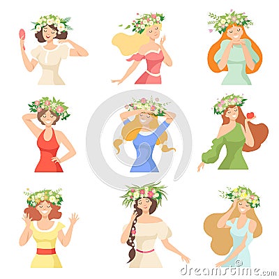 Collection of Young Beautiful Women with Flower Wreaths, Portraits of Happy Elegant Girls with Floral Wreaths Vector Vector Illustration