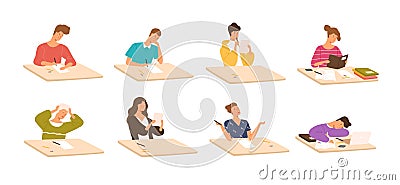 Collection of young boys and girls sitting at desks, reading books, writing school test, sleeping. Set of children or Vector Illustration