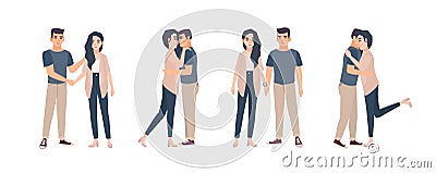 Collection of young couple standing in various poses. Bundle of man and woman embracing, hugging, holding hands. Set of Vector Illustration