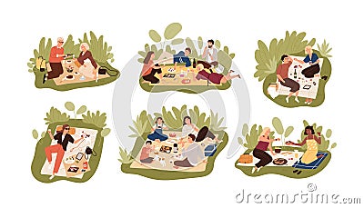 Collection of young and elderly people at picnic. Bundle of happy men, women and children eating meals outdoors. Set of Vector Illustration