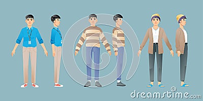 Collection of Young male man in different fashionable style clothes standing set front side business office casual Vector Vector Illustration