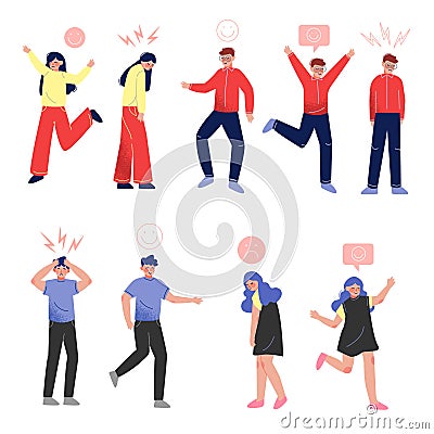 Collection of Young People in Casual Clothing with Various Emotions, Boys and Girls with Signs over Their Heads Vector Vector Illustration