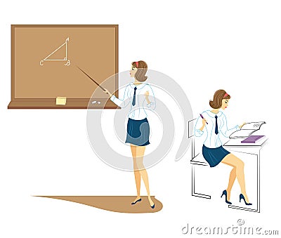 Collection. Young schoolgirls in class. The girl sits at a desk and writes in a notebook. The lady is talking near the board. Set Cartoon Illustration