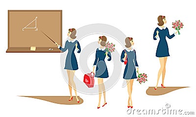 Collection. Young schoolgirls with flowers, in class at the blackboard. The girls are very nice, they are in a good mood. The lady Cartoon Illustration