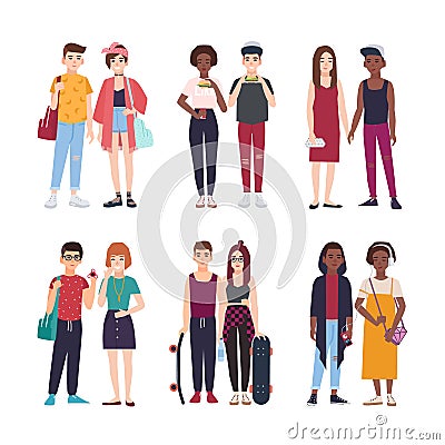 Collection of young teenage couples dressed in trendy clothes. Set of pairs of stylish teen boys and girls. Modern Vector Illustration