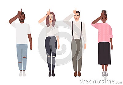 Collection of young unhappy men and women making Loser hand gesture isolated on white background. Group of sad people Vector Illustration