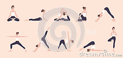 Collection of young woman performing physical exercises. Bundle of female cartoon character demonstrating various yoga Vector Illustration